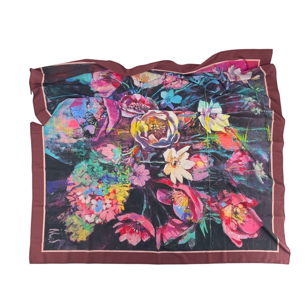 Unbranded Scarf‎ Women Burgundy Excellent Floral Oil Painting Art Square 36 x 36